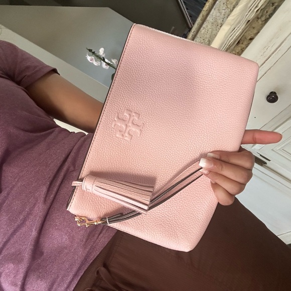 New Tory Burch Thea large leather pouch clutch pink - Picture 6 of 10